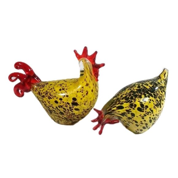 Murano Style Blown Italian Art Glass Yellow Speckled Rooster Hen Chicken Set - Picture 2 of 16